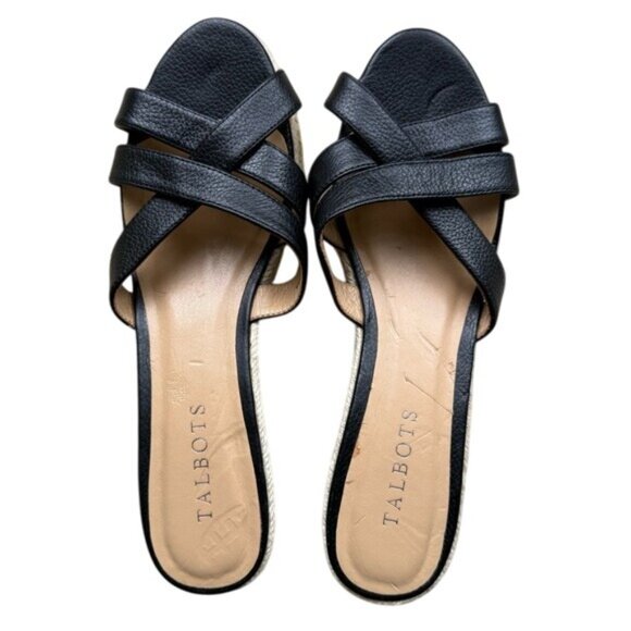 Talbots Black Women's Leather Wedge Espadrille Slide Sandals, size 8 - Picture 2 of 14